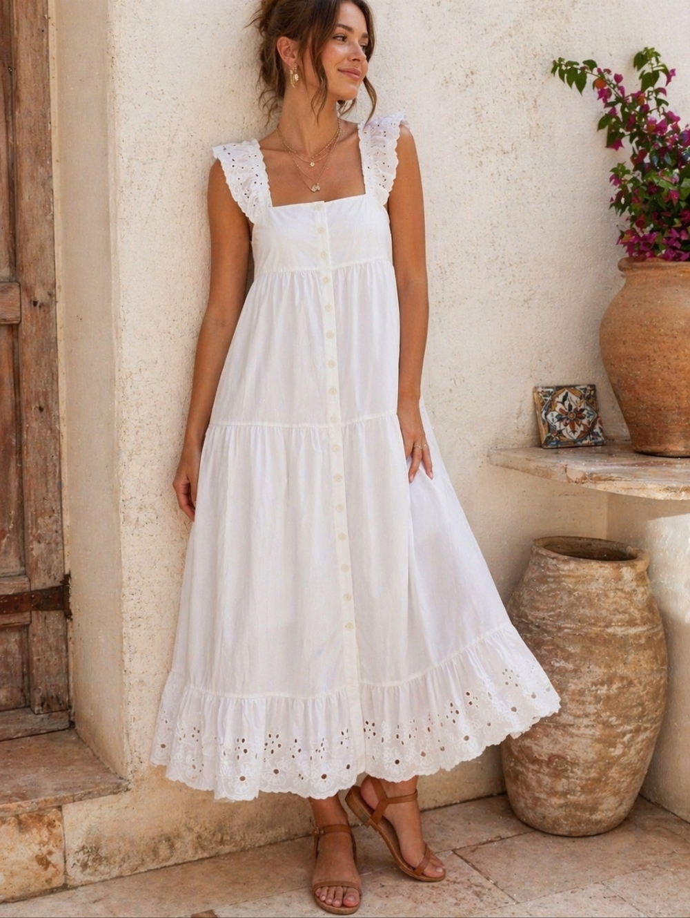 En Saison White Eyelet Tiered Midi Dress Size L Romantic Cottagecore Summer